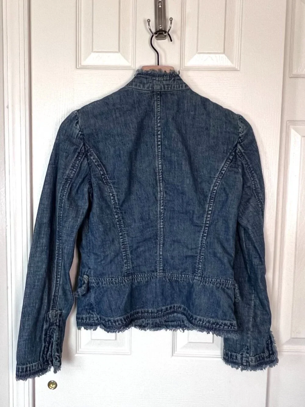 Y2K Frayed Edges 100% Cotton Open Cuff Denim Jacket Size 2 Grunge Alt Streetwear
